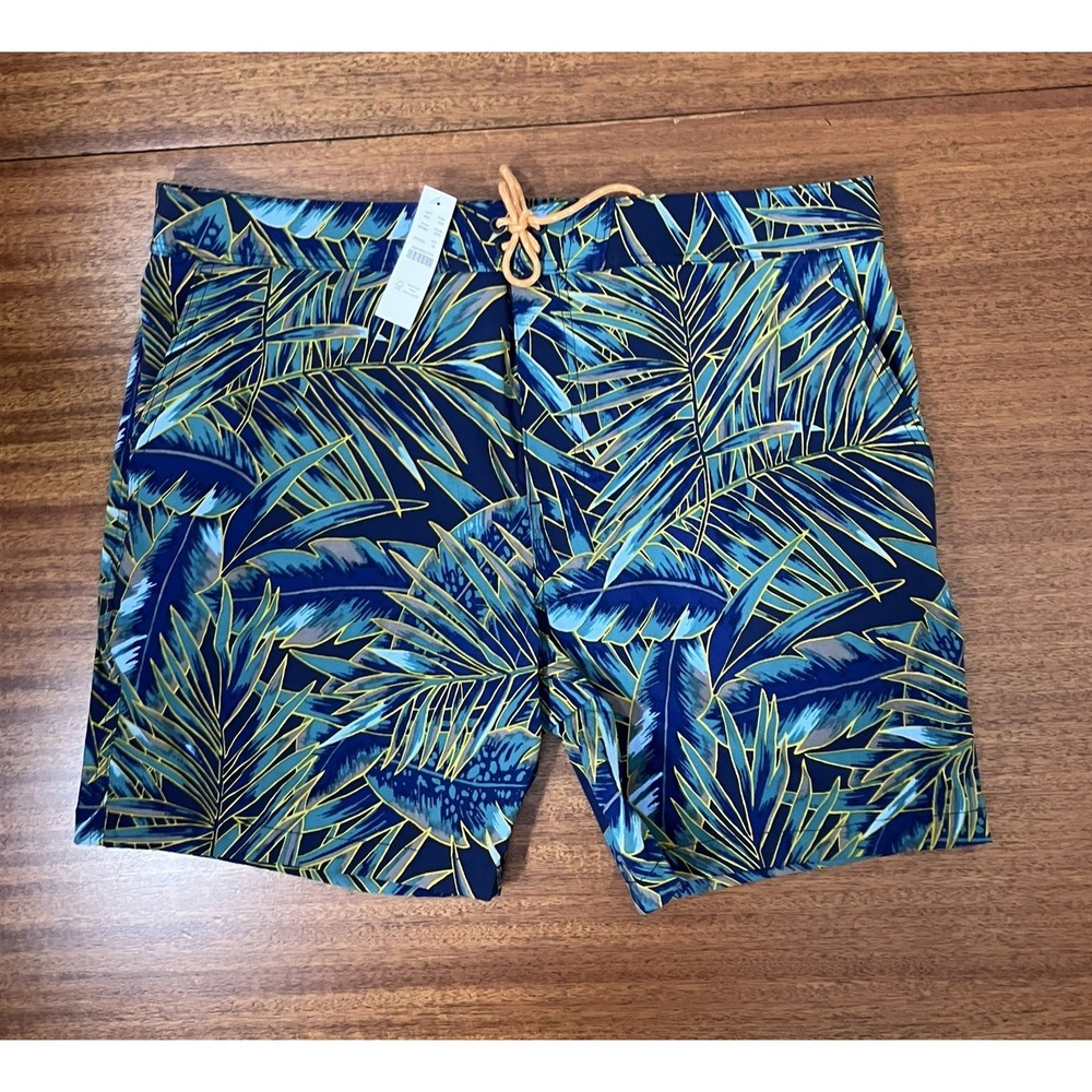 J.Crew Mens Palm Leaf Print Swim Trunks Board Shorts Drawstring Size 35 XL‎ NWT